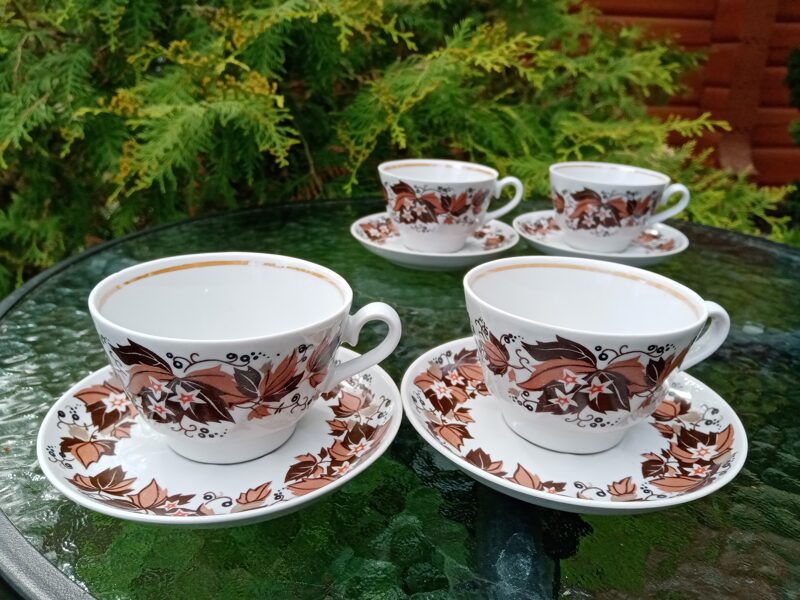 Kafijas pāri, kafijas servīze "Viktorija" ar brunam lapām un rozā puķītēm un lustru (Viktorija kafijas 10)