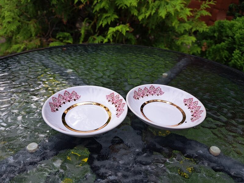 Ievārījuma bļodinas mazās ar roza ornamentu un zeltu, forma "Māra", RPR (Māra tējas 115)