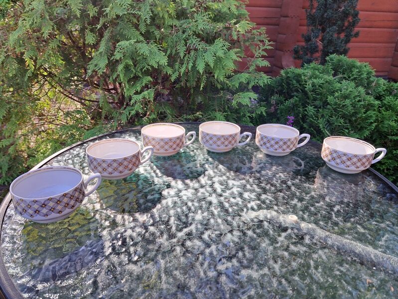 Kafijas krūzītes, kafijas servīze "Aija-2" rūtaina ar dzeltenām apakštasēm un dzelteniem vāciņiem, RPR (Aija-2 kaf 39)