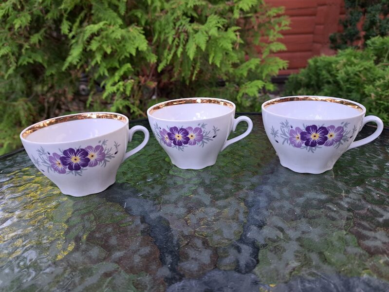 Skaistas krūzīte, tējas servīze "Ārija" ar violetām un lillā puķēm un zeltu, RPR (Ārija tējas 107)