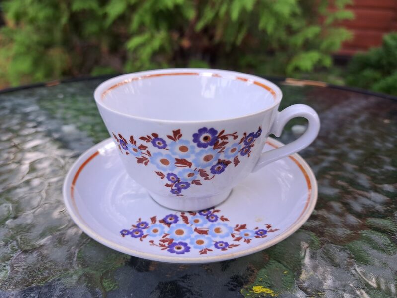 Kafijas pāris, kafijas servīze "Viktorija" ar mazām zilām puķītēm un lustrētu gaiši brūnu svītru gar malu, RPR (Viktorija kafijas 28)