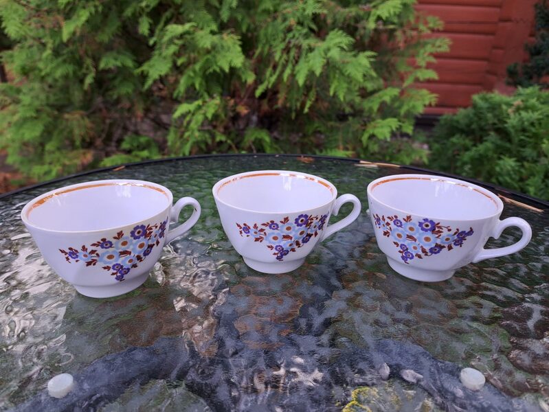 Kafijas krūzīte, kafijas servīze "Viktorija" ar mazām zilām puķītēm un lustrētu gaiši brūnu svītru gar malu, RPR (Viktorija kafijas 29)