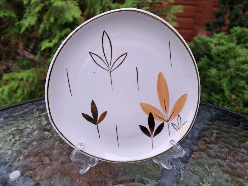 Kūku šķīvis, kafijas servīze "Stella" ar brūnām lapām un zeltu (Stella 24)