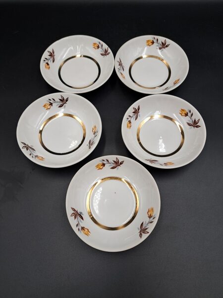 Mazās ievārījuma bļodiņas ar brūnām tulpēm un zeltu no komplekta 6+1, forma "Māra", RPR (Māra tējas 149)