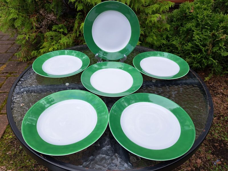 Deserta šķīvju komplekts 6 personām ar zaļu malu, d=19cm. Ražotājs: Kahla (Vācija 170)