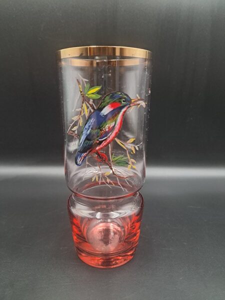 Rozā stikla sulas glāze ar zeta malu un putniņu, Latvijas stikls (Stikla gl 171)