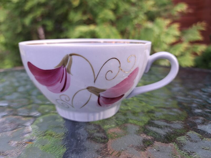 Krūzītes, tējas servīze "Regīna" ar rokas gleznojumu - puķuzirnīšiem un zeltu, PFF (Regina 37)