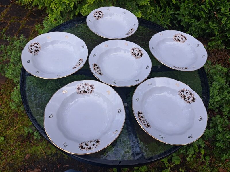 Zupas šķīvji pusporcija, d=20cm ar maigām brūnām puķēm un zeltu, pusdienu servīze "Ārija", RPR (Ārija pusdienu 305)