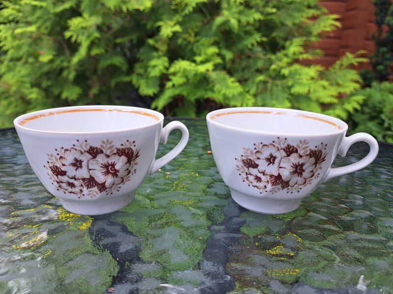 Kafijas krūzītes, kafijas servīze "Viktorija" ar brungānām puķēm un bēšu lustrētu apvilkumu gar malu, RPR (Viktorija kafijas 43)