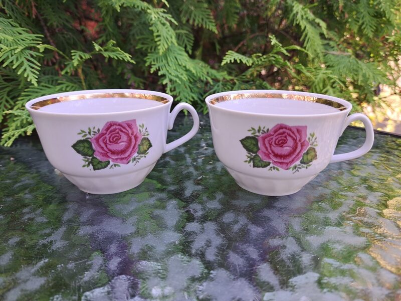 Krūzītes tējas "Māra" ar lielu rozā rozi un zeltu, RPR (Māra tējas 173)