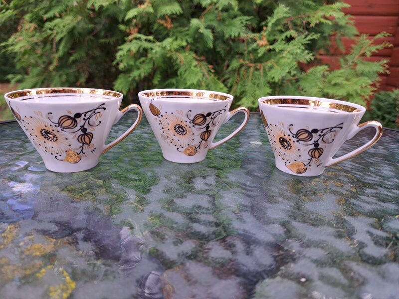 Krūzītes plānsienu porcelāna mokkqa-kafijas servīze "VITA" ar dzeltenām puķēm un brunām lapām, RPR (Vita 86)