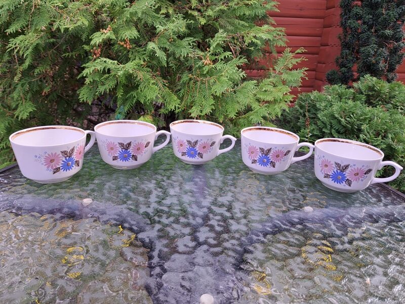 Krūzītes, tējas servīze "Karīna" ar rozā un zilām margrietiņām un zeltu, RPR (Karīna 159)