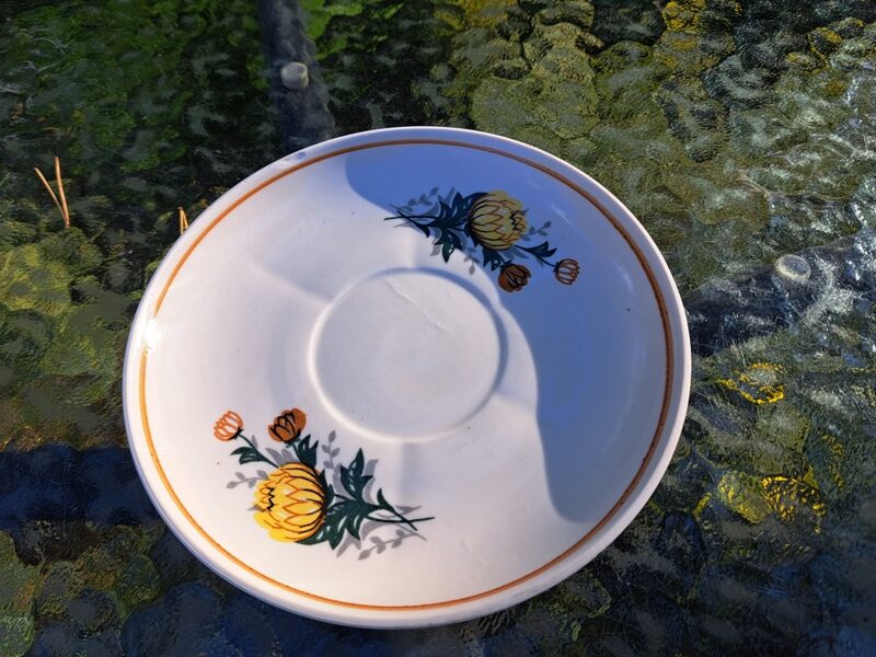 Apakštase, tējas servīze "Karīna" ar dzeltenām asterēm un zeltu. Neuzkrītošs plakans nošķēlums gar malu (Karīna 168)