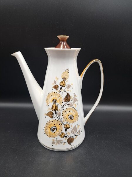 Kafijas kanna, plānsienu porcelāna servīze "VITA" ar dzeltenām puķēm un brunām lapām, RPR (Vita 94)