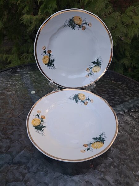 Kūku šķīvji tējas ar dzeltenām asterēm (3 pušķi) un taisnu platu zelta apmali iekšā, forma tējas "Ārija", RPR (Ārija tējas 186)