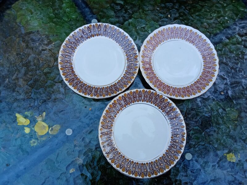 Plānsienu porcelāna kūku šķīvji, servīze "VITA" ar brūnu un oranžu dekolu un zeltu (Vita 28)