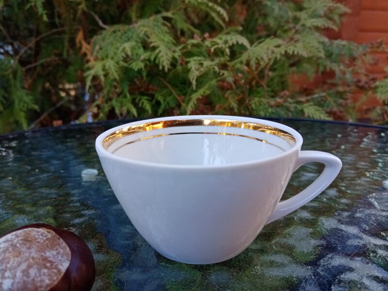 Balta ar zeltu krūzīte Nr.2 "Ausma", mikroslīpējums, PFF (Ausma 65)